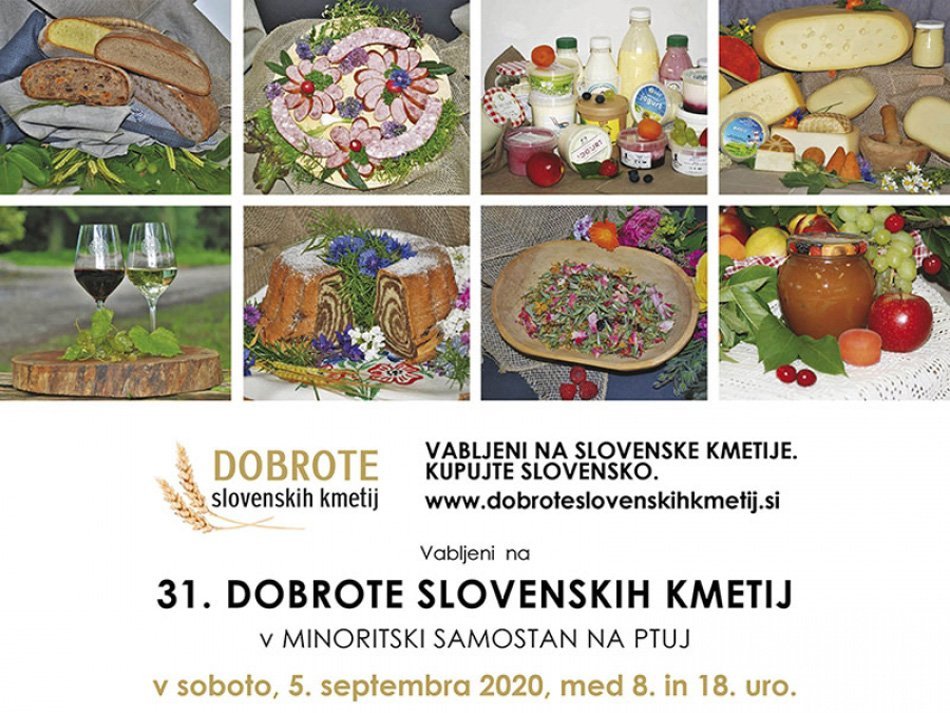 Vabilo na dogodek. Kolaž fotografije: kruh, mesni narezek, mlečni izdelki, potica, vino, sadje